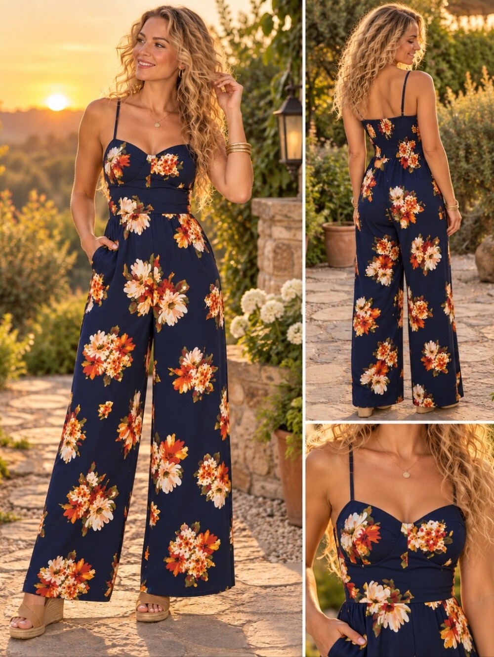 Band of Gypsies Navy Floral Bustier Wide Leg Jumpsuit Size S